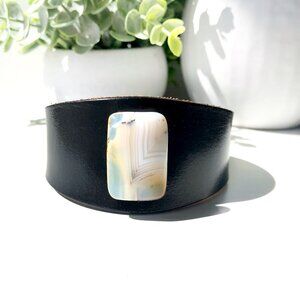 Handmade MishaGirl Black Genuine Leather Cuff Bracelet with Carnelian Bead